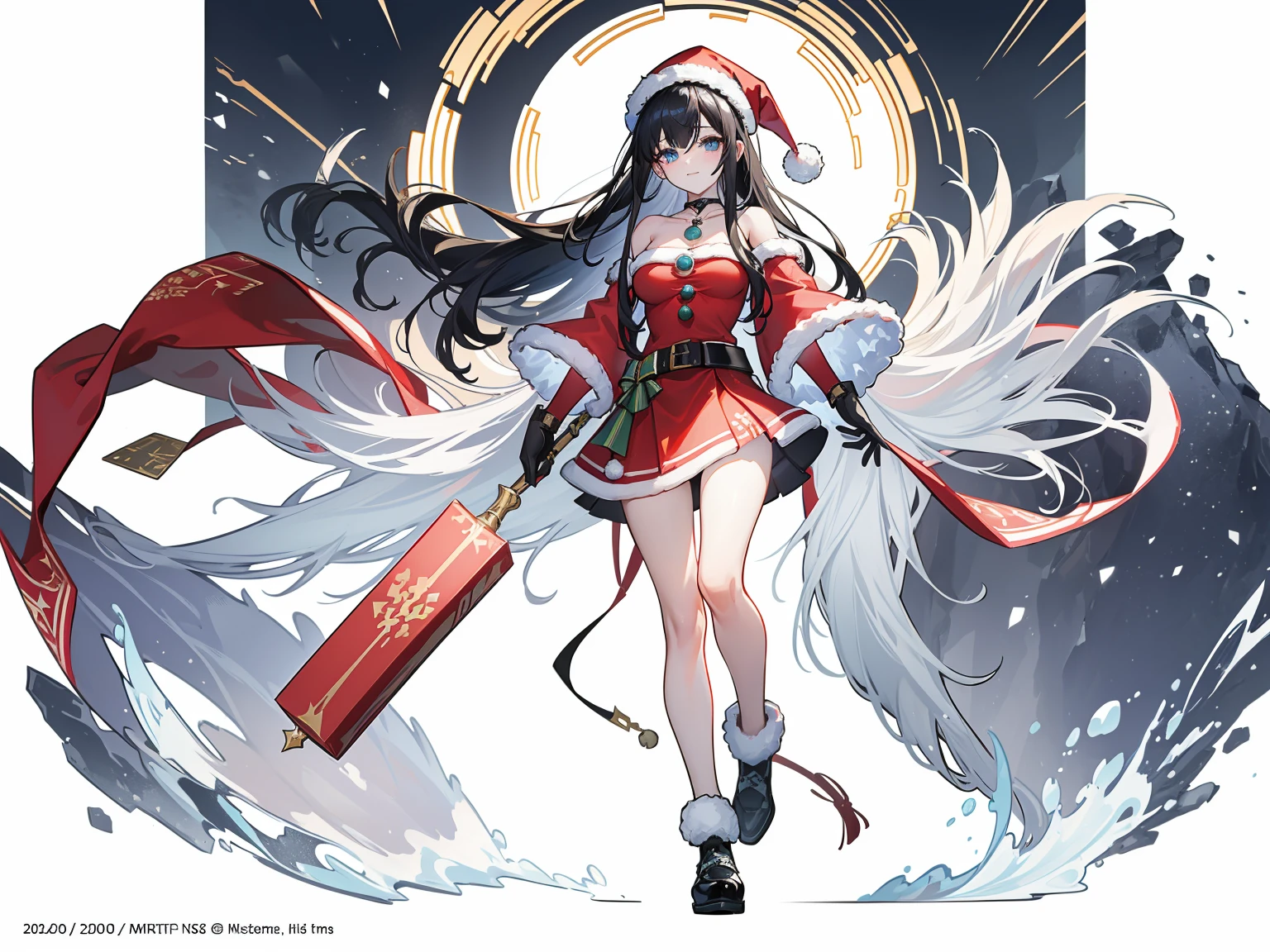 (CharacterDesignSheet, Same role, Facade), Merry Christmas, 1 beautiful and cheerful woman, messy blue-black hair with bangs covering her left eye and two long locks framing her face, light blue eyes, pale skin, beauty, medium breasts, cheerful, beautiful and shapely full body, full body, shy in nature, detailed, embarrassed, blushing, spotlights, full body, masterpiece, 15 years old, height 148cm, beautiful body, ((red potato hat noel, santa claus costume, (a miniskirt, black gloves)), (christmas necklace), smiling, Best quality, high detail, high quality, 8k, detailed eyes, far away view, full body, full view, with a gift in his hands, high resolution, Ultra-sharp, 8k, Masterpiece, festive Christmas atmosphere, seen from afar, full body, high resolution, full body, high resolution, Ultra-sharp, 8k, Artwork master, (high resolution), ((tmasterpiece)), ((Best Quality)), Character Sketches, Concept-Art, Character Concept Art, pixiv, Cheat Sheet, Role Chart, Multiple Poses and Expressions, Highly detailed, depth, poses, many parts, (simple background, white background :1.3), detailed face, full body, dynamic poses, shy poses, standing, feminine poses, attractive poses, best quality, 4k, Masterpiece, The best quality, high detail, high quality, 8k, far away view, full body, detailed eyes, high resolution, Ultra-sharp, 8k, Merry Christmas, Masterpiece, best quality, full of details, Front Body View, View back body, Highly detailed, depth, detailed face, best quality, 4k, Masterpiece, Best quality, high detail, high quality, 8k, far away view, full body, detailed eyes, high resolution, Ultra-sharp, 8k, Masterpiece, best quality, intricate details, perfect detailed face, winter, midnight, lighting, snow, snowfall, freezing weather.