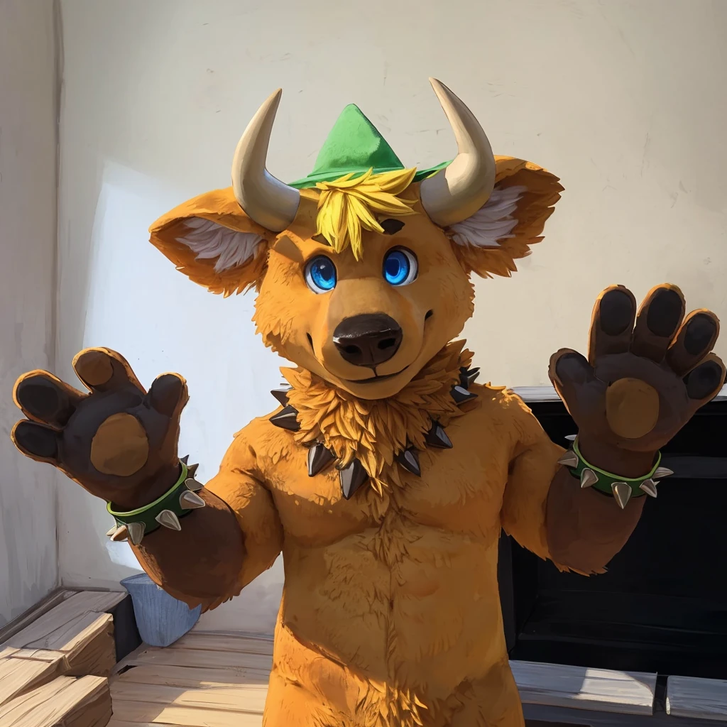 an anthropomorphic yellow-orange colored fur bull, he has blue eyes, he has yellow hair, muscular body, he's standing, with his brown paws up, he has two black spiky bracelets on his arms and a green collar on his neck, closed smile, he has a small and green summer hat on his head between his two horns, high quality furry art, animal crossing style.