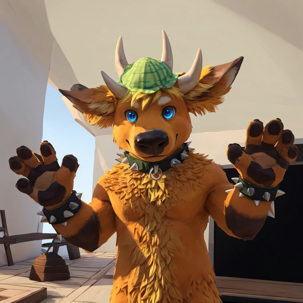 an anthropomorphic yellow-orange colored fur bull, he has blue eyes, he has yellow hair, muscular body, he's standing, with his brown paws up, he has two black spiky bracelets on his arms and a green collar on his neck, closed smile, he has a small and green summer hat on his head between his two horns, high quality furry art, animal crossing style.