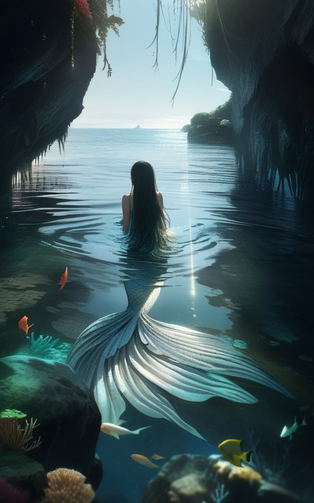 Masterpiece, Best Quality, Super Detailed, High Definition, Expensive Resolution, HDR, Realistic, Depth, Fine Texture, Super Fine, Complete concentration, mermaid princess, mini crown, mythical creature, underwater scene, fantasy art, highly detailed, intricate details, beautiful detail eyes, aqua eyes, look at camera, confident demeanor, delicate features, flowing hair, shimmering scales, ocean background, coral reef, sunlight filtering through water, vibrant colors, cinematic lighting,