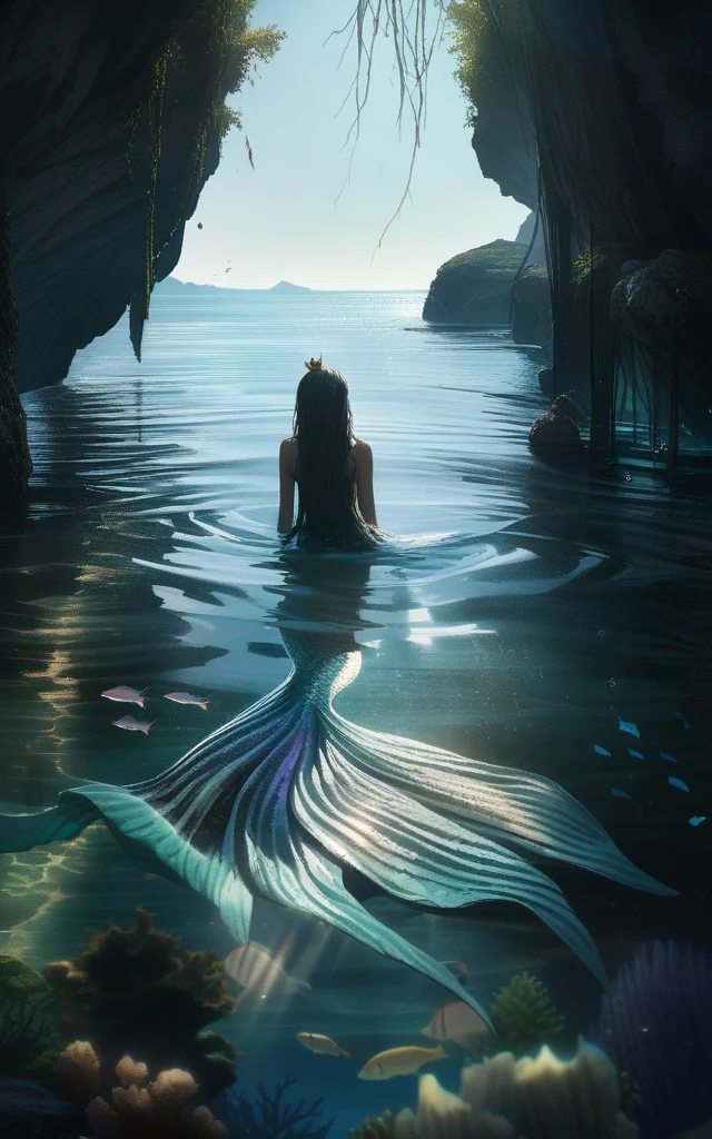 Masterpiece, Best Quality, Super Detailed, High Definition, Expensive Resolution, HDR, Realistic, Depth, Fine Texture, Super Fine, Complete concentration, mermaid princess, mini crown, mythical creature, underwater scene, fantasy art, highly detailed, intricate details, beautiful detail eyes, aqua eyes, look at camera, confident demeanor, delicate features, flowing hair, shimmering scales, ocean background, coral reef, sunlight filtering through water, vibrant colors, cinematic lighting,