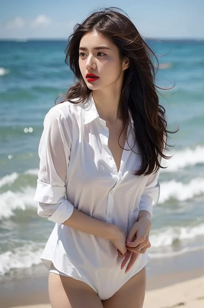 (Gray background、pubic hair、Large Breasts、Thighs、Red lipstick、(((Glaring)))、Curly Hair、Disheveled Hair、Cute woman、high school girl、White shirt、Navy frill mile、Open chest shirt、A wet shirt with underwear showing through、Wet Hair、Gazing at the sea、Watching from behind、