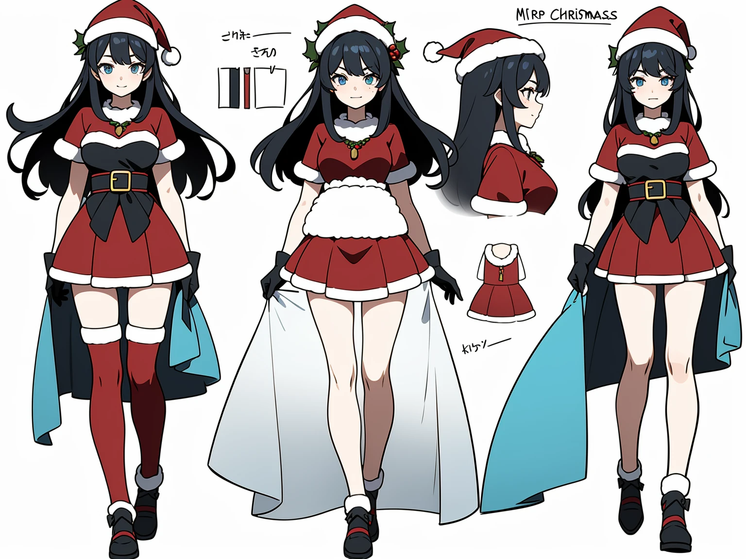 (CharacterDesignSheet, Same role, Facade), Merry Christmas, 1 beautiful and cheerful woman, messy blue-black hair with bangs covering her left eye and two long locks framing her face, light blue eyes, pale skin, beauty, medium breasts, cheerful, beautiful and shapely full body, full body, shy in nature, detailed, embarrassed, blushing, spotlights, full body, masterpiece, 15 years old, height 148cm, beautiful body, ((red potato hat noel, santa claus costume, (a miniskirt, black gloves)), (christmas necklace), smiling, Best quality, high detail, high quality, 8k, detailed eyes, far away view, full body, full view, with a gift in his hands, high resolution, Ultra-sharp, 8k, Masterpiece, festive Christmas atmosphere, seen from afar, full body, high resolution, full body, high resolution, Ultra-sharp, 8k, Artwork master, (high resolution), ((tmasterpiece)), ((Best Quality)), Character Sketches, Concept-Art, Character Concept Art, pixiv, Cheat Sheet, Role Chart, Multiple Poses and Expressions, Highly detailed, depth, poses, many parts, (simple background, white background :1.3), detailed face, full body, dynamic poses, shy poses, standing, feminine poses, attractive poses, best quality, 4k, Masterpiece, The best quality, high detail, high quality, 8k, far away view, full body, detailed eyes, high resolution, Ultra-sharp, 8k, Merry Christmas, Masterpiece, best quality, full of details, Front Body View, View back body, Highly detailed, depth, detailed face, best quality, 4k, Masterpiece, Best quality, high detail, high quality, 8k, far away view, full body, detailed eyes, high resolution, Ultra-sharp, 8k, Masterpiece, best quality, intricate details, perfect detailed face, winter, midnight, lighting, snow, snowfall, freezing weather.