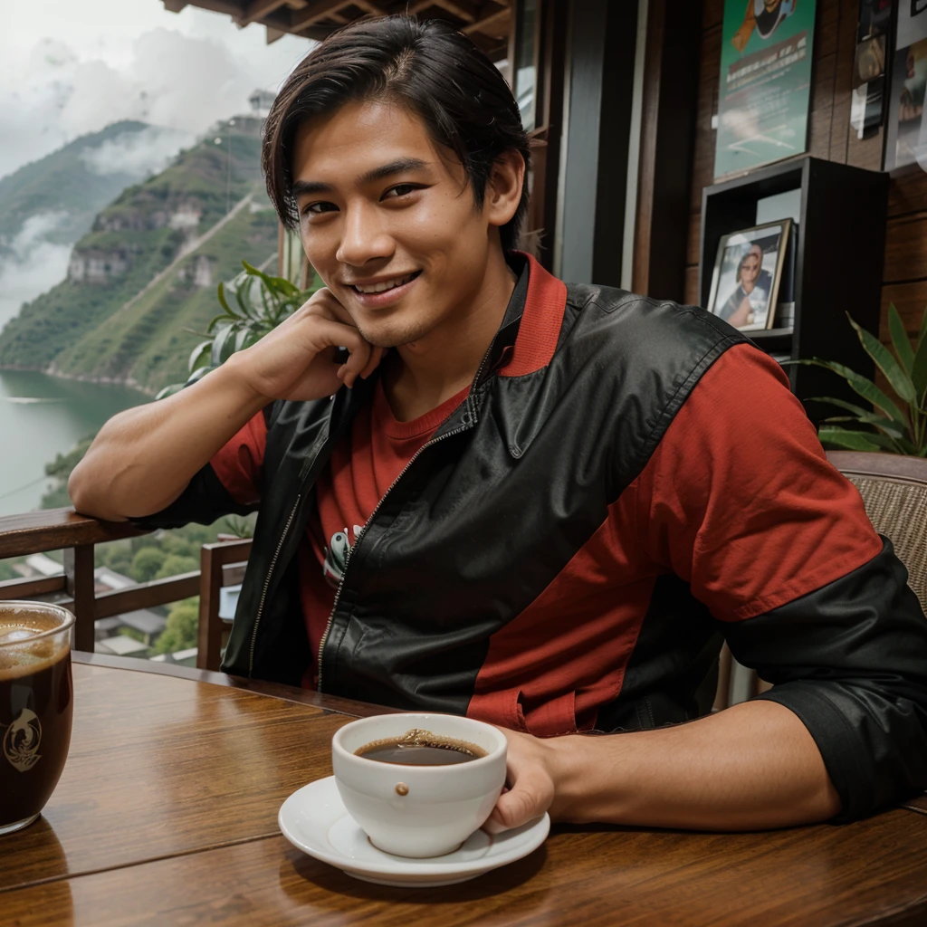Professional photography of a handsome young asian. Wearing a black jacket, white, green and red t-sirt, with a picture of a balinese mask. Chatting a little smiling, sitting in an open cafe at the top of the mountain, on the table there was 1 cup of black coffe. With a view of the misty lake, the photo was taken with a vivo cellphone camera