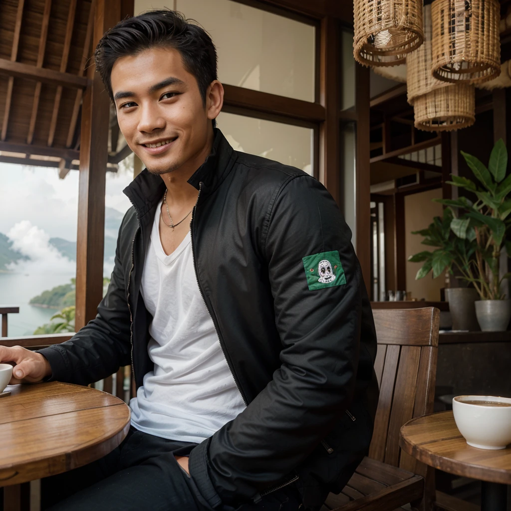 Professional photography of a handsome young asian. Wearing a black jacket, white, green and red t-sirt, with a picture of a balinese mask. Chatting a little smiling, sitting in an open cafe at the top of the mountain, on the table there was 1 cup of black coffe. With a view of the misty lake, the photo was taken with a vivo cellphone camera