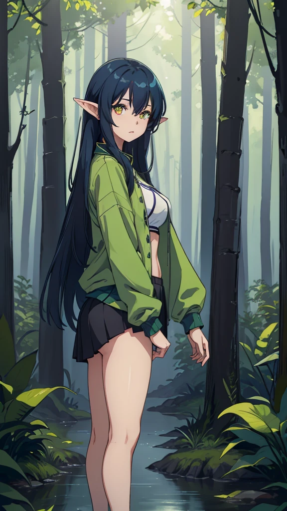 Sexy, revealing outfit, Create a full-body shot of a female character with long, dark blue hair and a white streak on one side. She has large, expressive yellow eyes and pointed elf-like ears. She is wearing a green jacket over a black top, and her expression should be one of surprise or curiosity. The background should be a forest setting with green trees and a natural ambiance, making the image suitable for an iPhone wallpaper