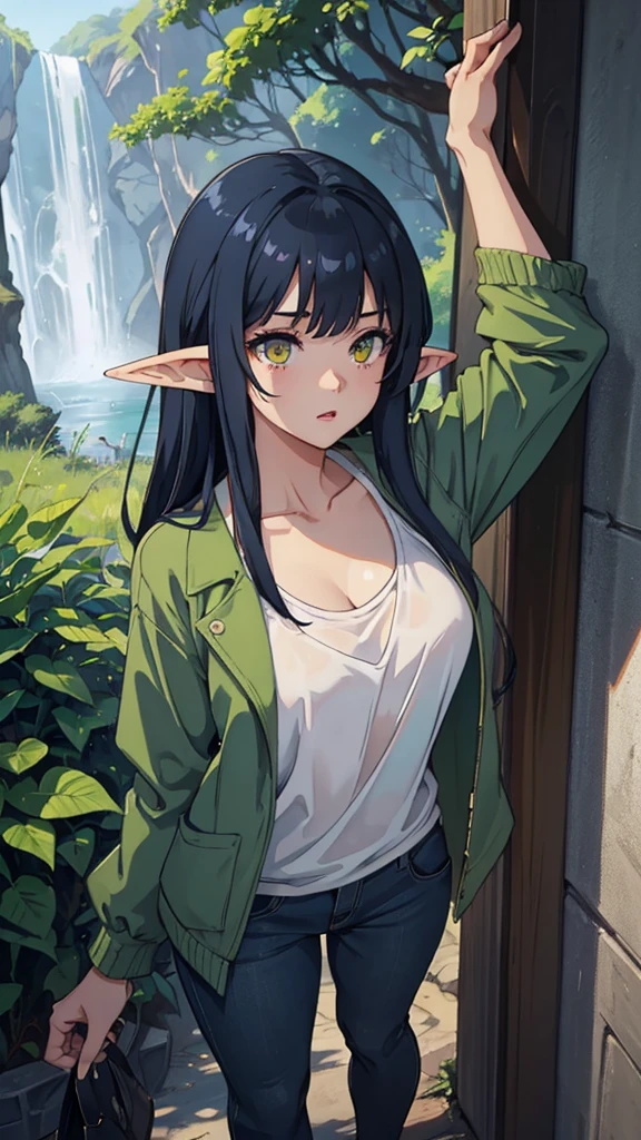 Sexy, revealing outfit, Create a full-body shot of a female character with long, dark blue hair and a white streak on one side. She has large, expressive yellow eyes and pointed elf-like ears. She is wearing a green jacket over a black top, and her expression should be one of surprise or curiosity. The background should be a forest setting with green trees and a natural ambiance, making the image suitable for an iPhone wallpaper