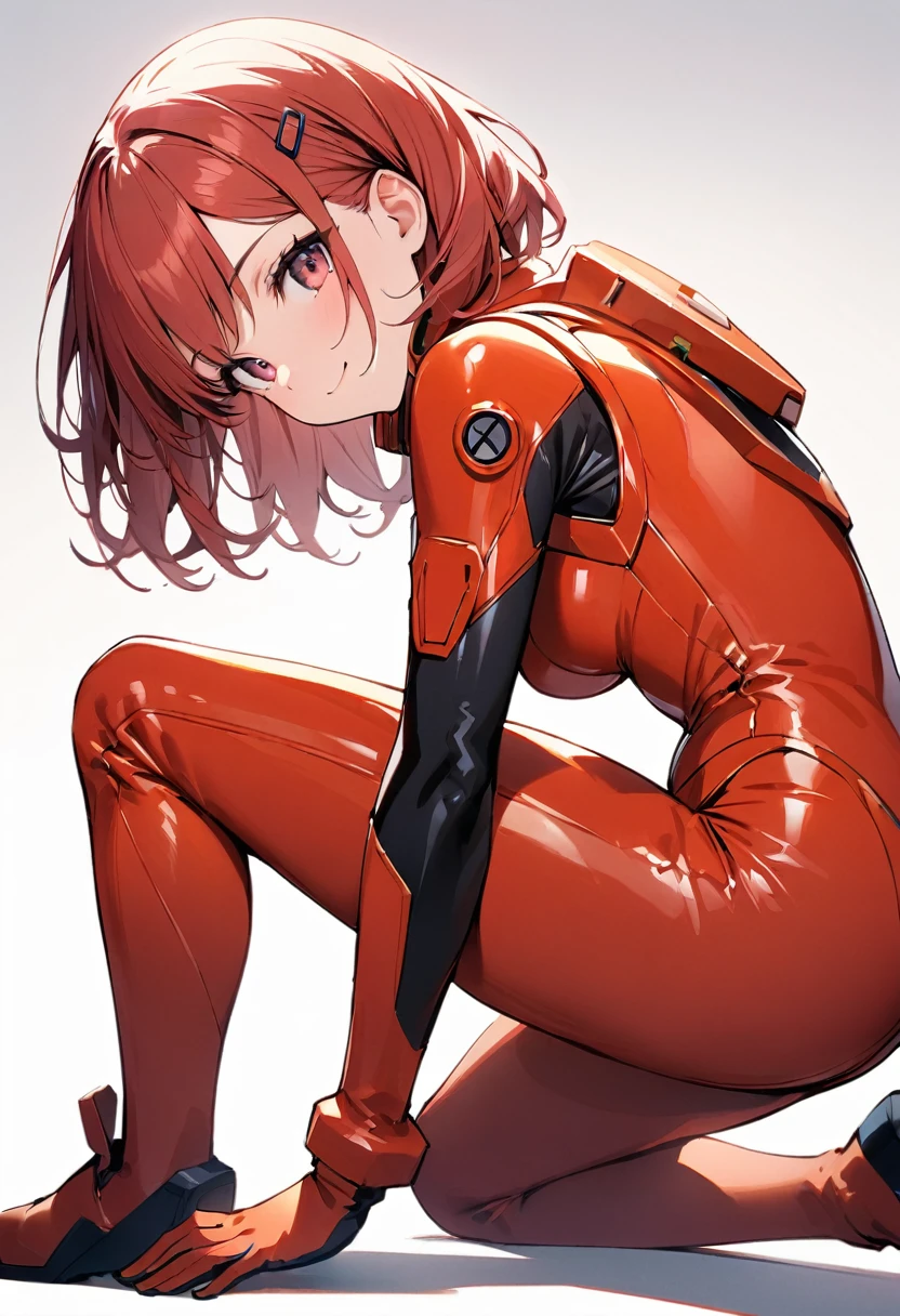 (masterpiece:1.2),Highest quality,Pixiv ,One girl,alone,View your viewers,,smile,White background only,whole body,From the side,One knee,,Look to the side、white background only、Hair Clip, wise_Bodysuits, Pilot Suit, gloves, Plug Suit, red Bodysuits