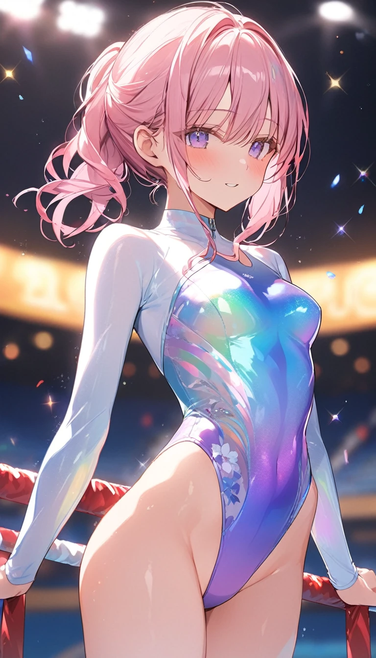 highquality illustration, masterpiece, very delicate and beautiful, attractive girl,(gymnastics leotard, Floral patterns leotard,long sleeve leotard with glittery decoration,high_leg leotard,athletic leotard,tight-fit leotard,iridescent gradient leotard,long-sleeve leotard),thin,slender body,slim,high school,gymnasium background,gymnastics club,gymnastics athlete,princess, beautiful eyes,light smile,(masterpiece, best quality:1.2), highres, extremely detailed CG unity 8k wallpaper, perfect lighting, Colourful, ultra-high res,4K,ultra-detailed, photography, 8K, HDR, ,cowboy shot,