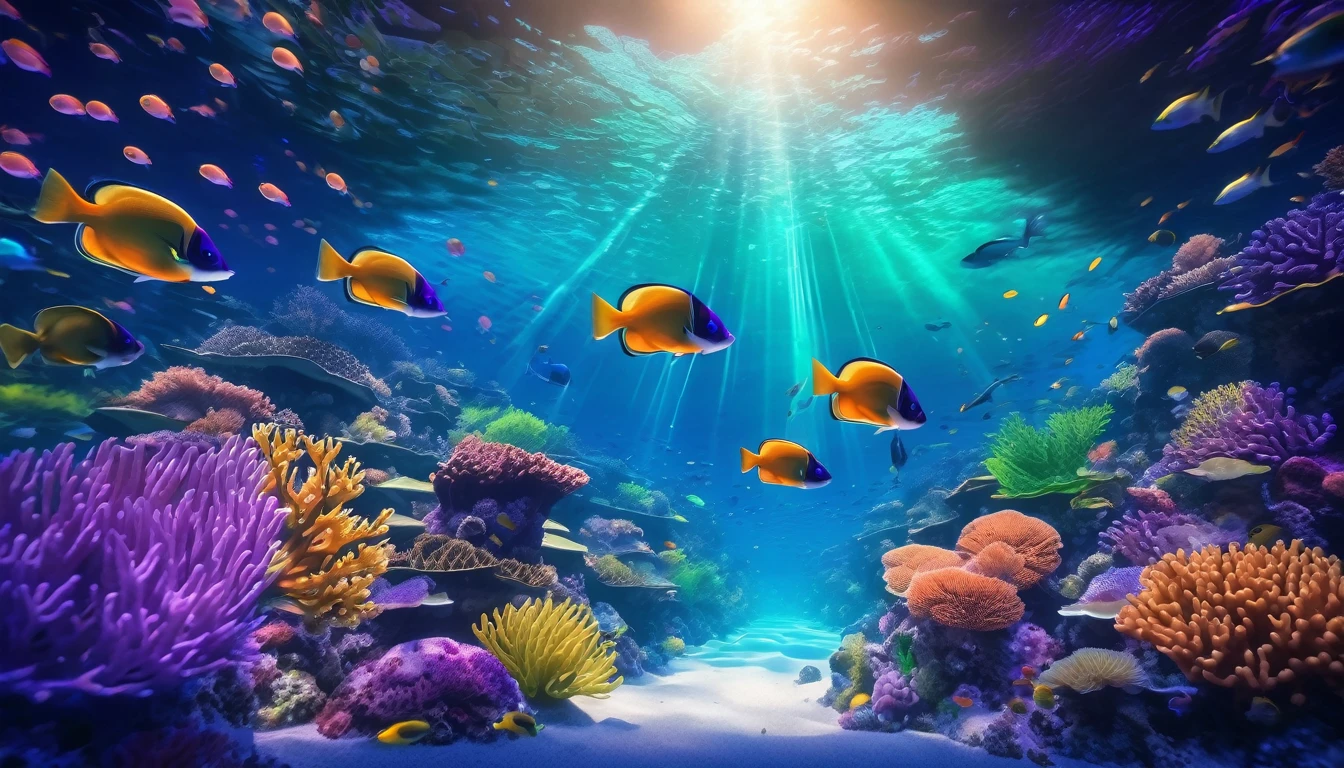 anime aestetics, anime scenery. underwater view. seascape, coral reef, view from below, huge light orange corals, purple corals, green corals at the backgroud, reef fish, depth of field, sparkle, ray tracing, reflection light, drop shadow, from below, wide shot, atmospheric perspective, perspective, highres, 8k, best quality, award winning, super detail, masterpiece