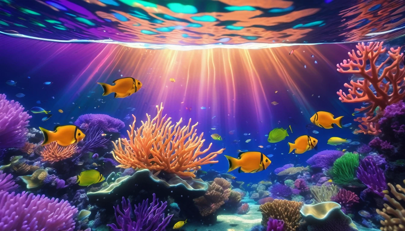 anime aestetics, anime scenery. underwater view. seascape, coral reef, view from below, huge light orange corals, purple corals, green corals at the backgroud, reef fish, depth of field, sparkle, ray tracing, reflection light, drop shadow, from below, wide shot, atmospheric perspective, perspective, highres, 8k, best quality, award winning, super detail, masterpiece