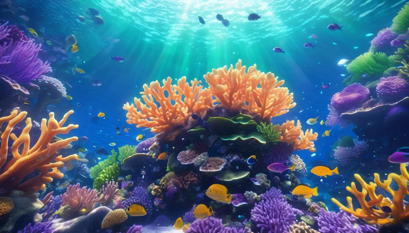 anime aestetics, anime scenery. underwater view. seascape, coral reef, view from below, huge light orange corals, purple corals, green corals at the backgroud, reef fish, depth of field, sparkle, ray tracing, reflection light, drop shadow, from below, wide shot, atmospheric perspective, perspective, highres, 8k, best quality, award winning, super detail, masterpiece