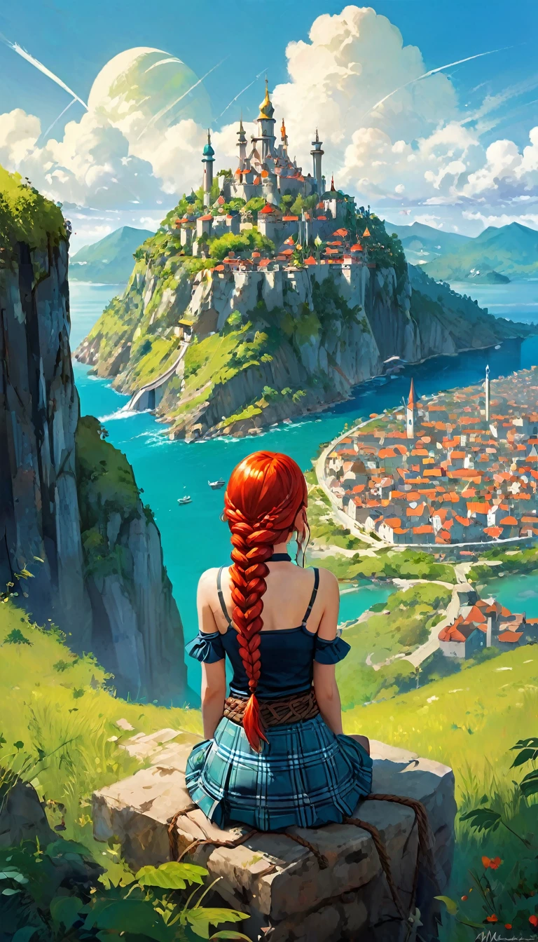 This image represents a beautiful scene from the fantasy world. It is during the day or early afternoon and the atmosphere is calm and great. In the foreground a female character appears sitting with her back to the viewer. She has long red braided hair and wears a plaid miniskirt with stockings and a tank top, very sexy, rope belt. In the background, we see a magnificent city built on a steep mountain or island. The city's architecture is reminiscent of the Middle Ages and the Renaissance, characterized by tall spiers and dense buildings but there are flying ships and futuristic elements. High above the city, there are buildings that look like castles and palaces that rise above the rest. Below the city, there are lush green fields and scattered small buildings, which may be farms or towns. The landscape is lush and green with trees surrounding the settlements. Several ships are anchored at the foot of the mountains and islands, suggesting that the city is an important port city. The sky is light blue with very few clouds, indicating that it is daytime or early afternoon. The overall atmosphere is calm and grand, suggesting stories of adventure, exploration, or political intrigue in this fantasy world (art inspired by Bill Sienkiewicz). oil painting)