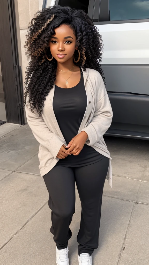 A black woman with a black wavy curly hair with a background neutral, wearing comfy clothes
