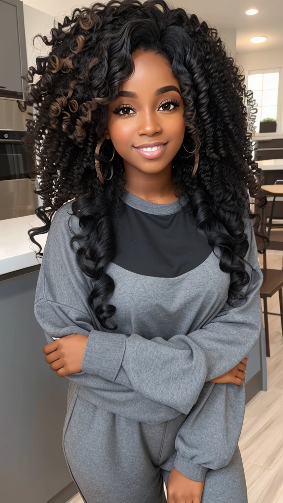 A black woman with a black wavy curly hair with a background neutral, wearing comfy clothes