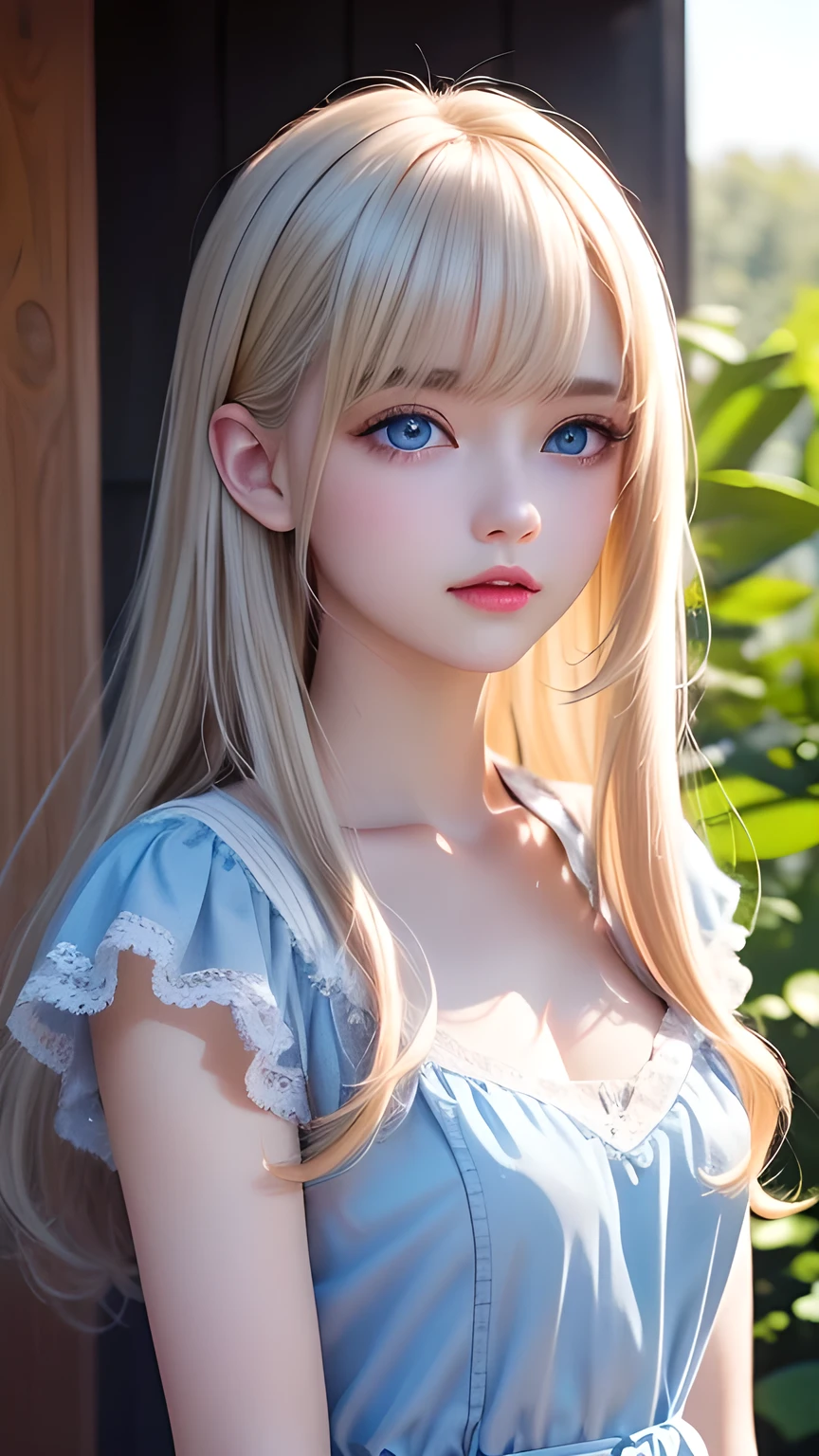 A stunning 14-year-old blonde beauty , Frilled Summer Dress, Scandinavian blonde super beautiful girl, Standing, Raking up bangs、 Strange bangs between the eyes、Super long straight platinum blonde hair、Low contrast, (A shy smile:0.8), Highest quality, Ultra-high resolution, Realistic photos, Very detailed, 8k, Raw photo, Perfect Anatomy、Very beautiful, bright, big, light blue eyes、Cheek gloss highlighter、Very big eyes、Small Face Beauty