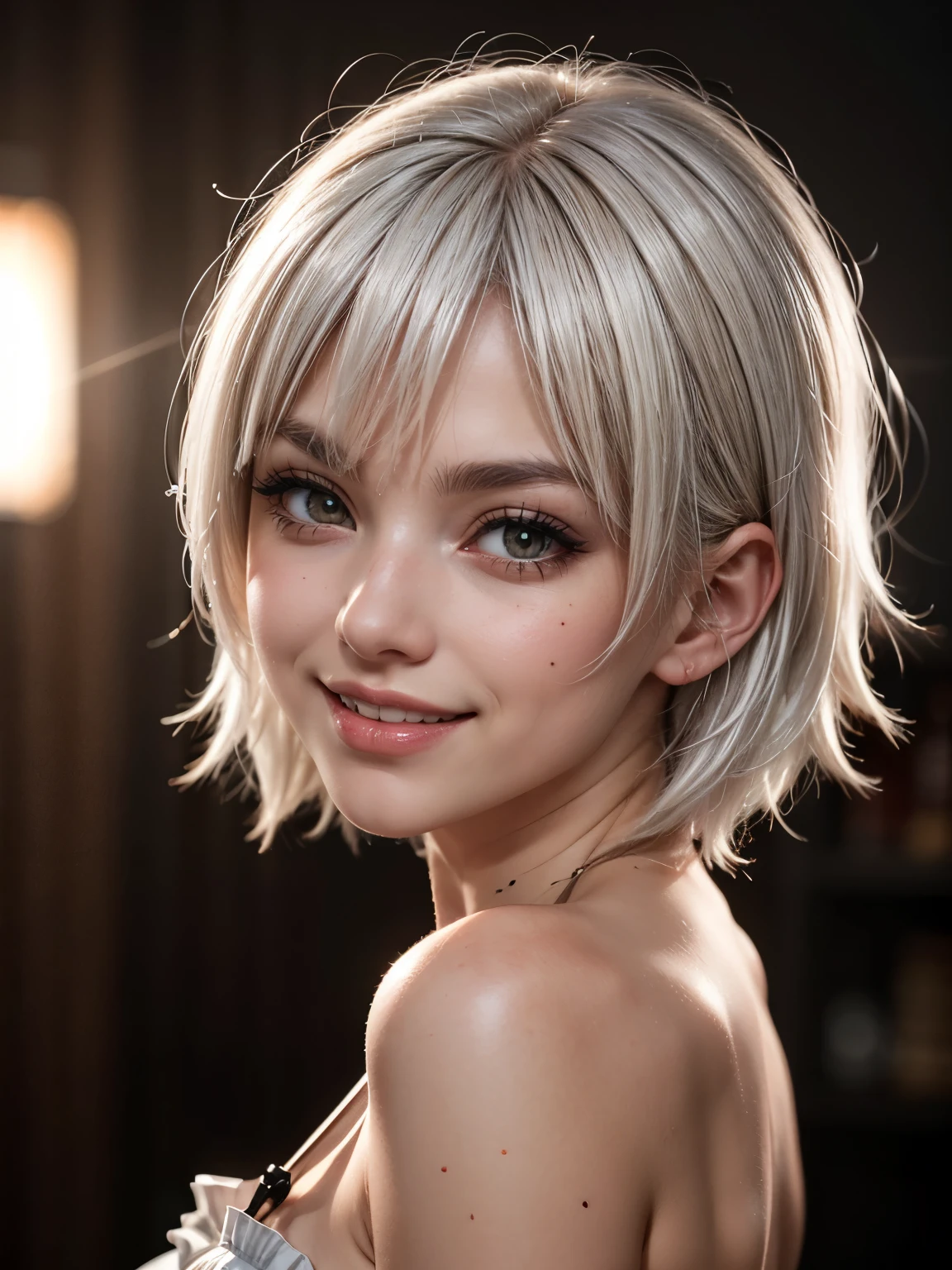white hair, mole under eye, mismatched sclera, heterochromia, blush, shy, laughing, bell, ray tracing, god rays, backlighting, glowing light, anime style