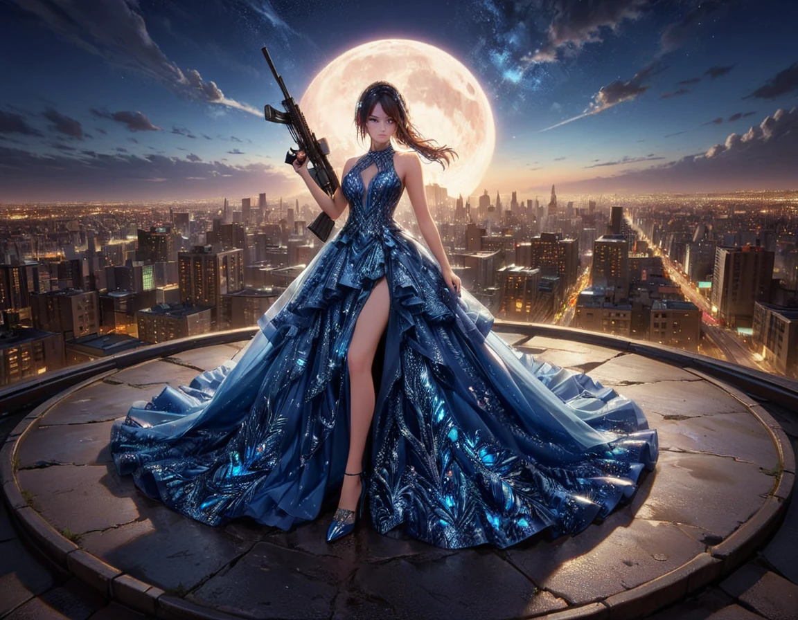 a portrait picture of a 1single woman sniper, standing in a window aiming a sniper rifle, an exotic beautiful woman sniper, dynamic hair, braided hair, full body shop, intense blue eyes, ultra detailed face, wearing (intricate evening dress: 1.5), elegant dress, dynamic color, dynamic style, wearing elegant stiletto heels , behind a window in a tall building at nigh, aiming a Light Sniper Rifle , cyberpunk city background, its night time, moon rays, some clouds,  (full body shot: 1.1) , vibrant, Ultra-high resolution, High Contrast, (masterpiece:1.5), highest quality, Best aesthetics), best details, best quality, highres, ultra wide angle, 16k, [ultra detailed], masterpiece, best quality, (extremely detailed) Sniper Rifle, evening dress
