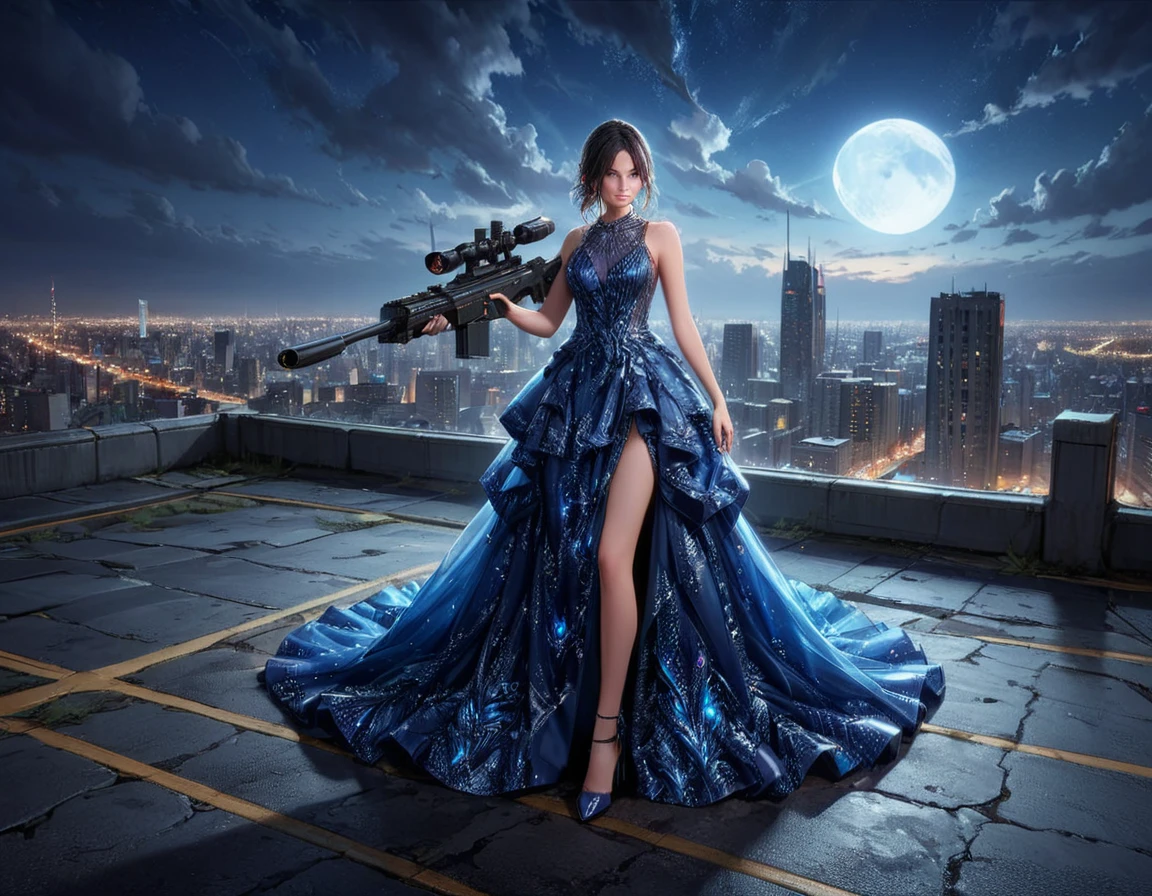 a portrait picture of a 1single woman sniper, standing in a window aiming a sniper rifle, an exotic beautiful woman sniper, dynamic hair, braided hair, full body shop, intense blue eyes, ultra detailed face, wearing (intricate evening dress: 1.5), elegant dress, dynamic color, dynamic style, wearing elegant stiletto heels , behind a window in a tall building at nigh, aiming a Light Sniper Rifle , cyberpunk city background, its night time, moon rays, some clouds,  (full body shot: 1.1) , vibrant, Ultra-high resolution, High Contrast, (masterpiece:1.5), highest quality, Best aesthetics), best details, best quality, highres, ultra wide angle, 16k, [ultra detailed], masterpiece, best quality, (extremely detailed) Sniper Rifle, evening dress
