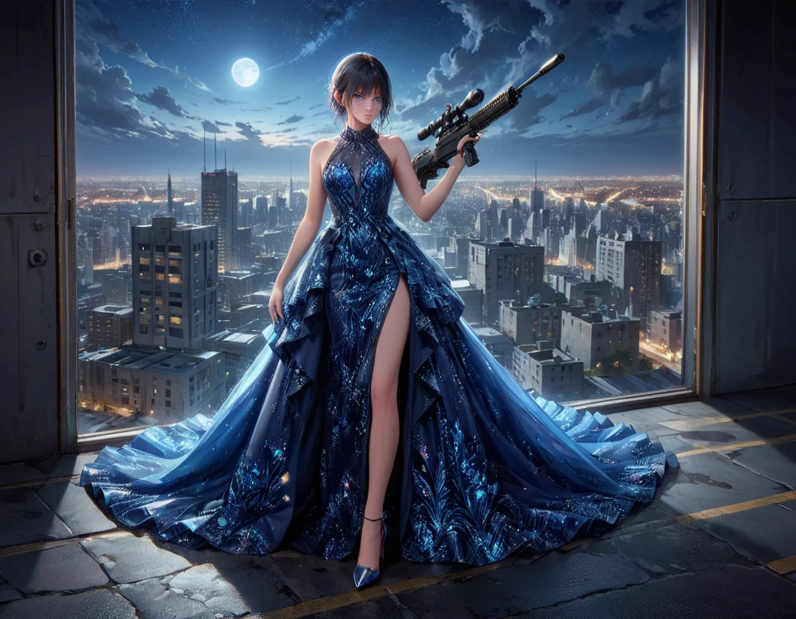 a portrait picture of a 1single woman sniper, standing in a window aiming a sniper rifle, an exotic beautiful woman sniper, dynamic hair, braided hair, full body shop, intense blue eyes, ultra detailed face, wearing (intricate evening dress: 1.5), elegant dress, dynamic color, dynamic style, wearing elegant stiletto heels , behind a window in a tall building at nigh, aiming a Light Sniper Rifle , cyberpunk city background, its night time, moon rays, some clouds,  (full body shot: 1.1) , vibrant, Ultra-high resolution, High Contrast, (masterpiece:1.5), highest quality, Best aesthetics), best details, best quality, highres, ultra wide angle, 16k, [ultra detailed], masterpiece, best quality, (extremely detailed) Sniper Rifle, evening dress
