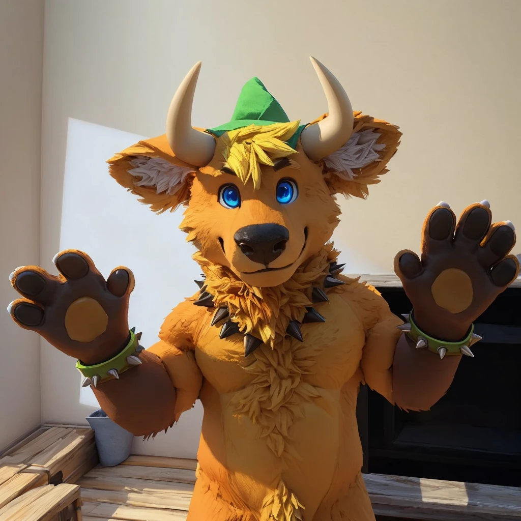 an anthropomorphic yellow-orange colored fur bull, he has blue eyes, he has yellow hair, muscular body, he's standing, with his brown paws up, he has two black spiky bracelets on his arms and a green collar on his neck, closed smile, he has a small and green summer hat on his head between his two horns, high quality furry art, 3D style.