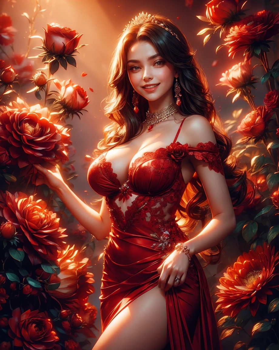 a woman in an intricate red dress draped over her shoulders, holding red roses, front view, red roses, derevschikova, alexis flower, huge breasts, cleavage, smiley face, smile on face, roses background, beautiful photo of sexy woman, in background of red rose, on a red background, backlit in studio. female model, roses, with a beautiful smile.8k. UHD.