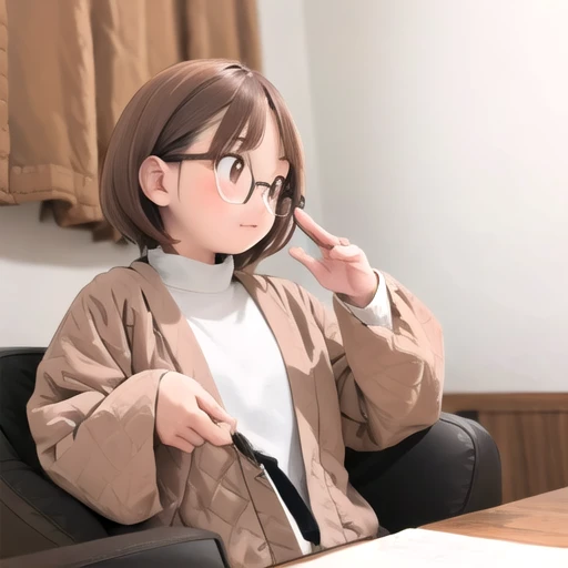 Best quality, ultra detailed, illustration, Glasses,
Hanten, 1 girl, sitting, Brown hair, in room, short hair, long sleeves