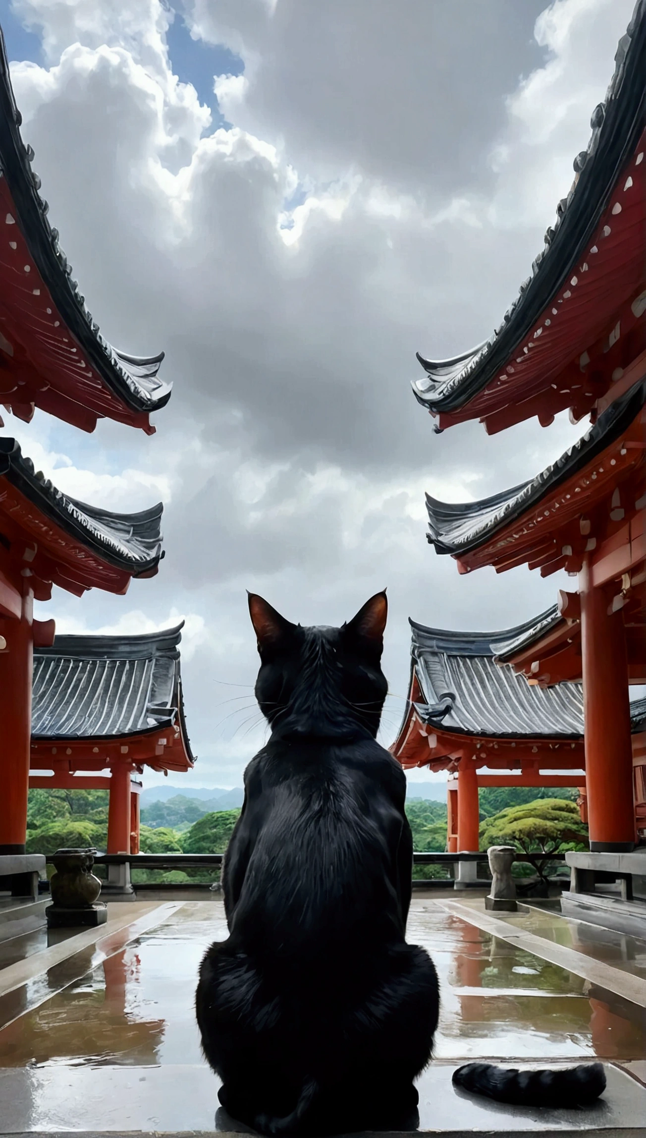 Cat in the back、black cat、huge pussy、Studio Ghibli style、Japanese style、Japan、A shrine in the background、Temple、Wet day、Highest quality、Ultra-fine、Cloudy、anime、Show your back、Giant cat