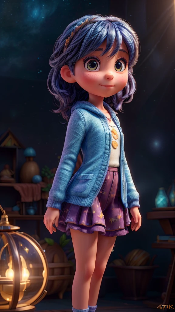 a girl in a spiritual dimension, realistic, disney style, pulsating glow, beings of light in the starry sky, blue and golden light, magical stars, (best quality,4k,8k,highres,masterpiece:1.2),ultra-detailed,(realistic,photorealistic,photo-realistic:1.37),HDR,UHD,studio lighting,ultra-fine painting,sharp focus,physically-based rendering,extreme detail description,professional,vivid colors,bokeh,portrait