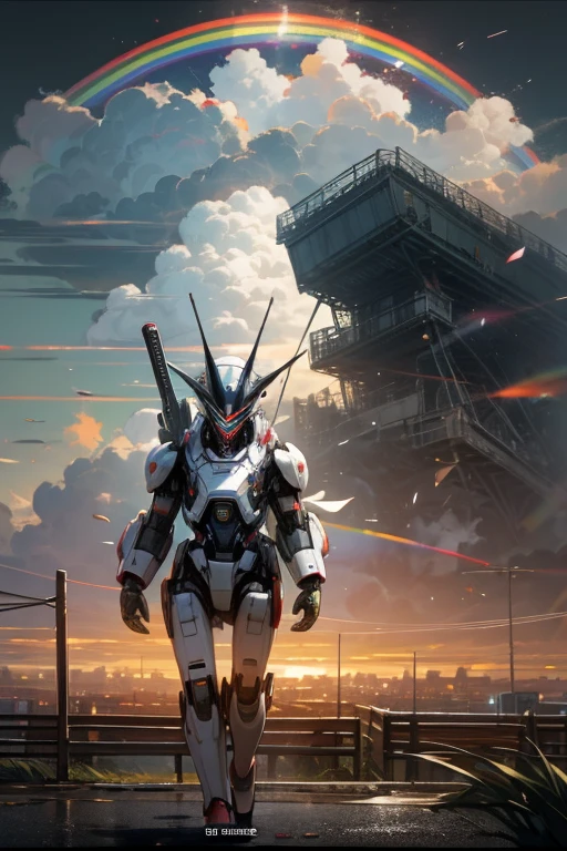 anime style, super fine illustration, highly detailed, dynamic angle, beautiful detailed, 8k, Rainbow over the meadow under the clowly on a battle day. BREAK Cute anthropomorphic Robot is sadly walking, under the rainbow. BREAK Robot in colorful harmonize with the rainbow, creating a beautiful scene.Break dystopia,Disillusioned,City,Landscape painting,Break MECA,droid,human_no,