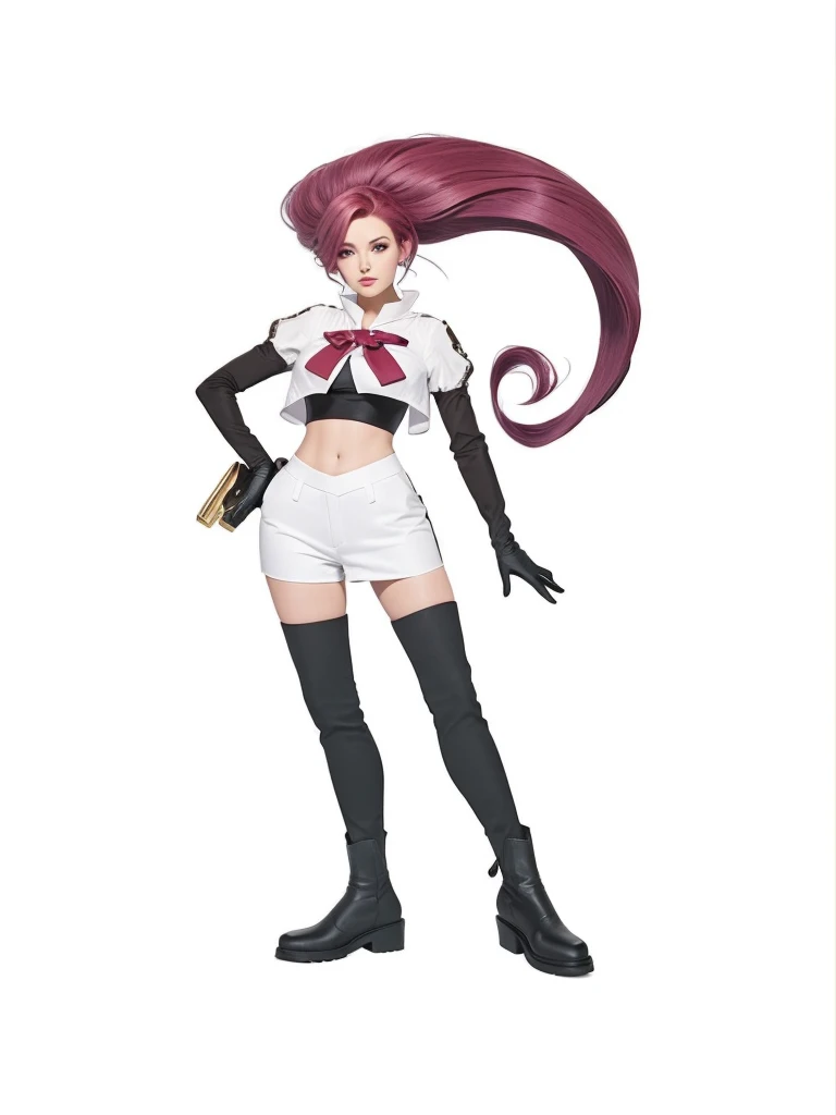 A beautiful woman, with wine color hair, with white blouse, com short branco, with black boots, with black gloves.