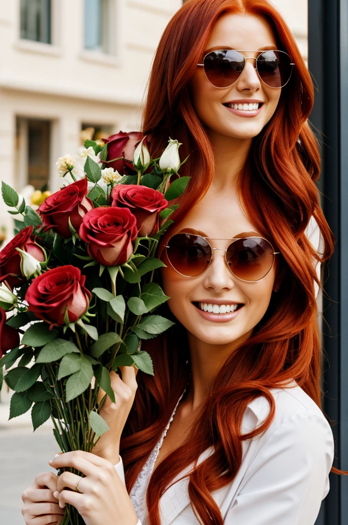 Redhead long hair woman smile pharmacist with bouquet of roses in sunglasses