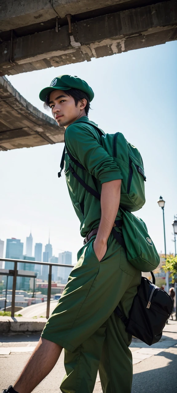 Create an image of a man wearing green clothes and a hat, carrying a backpack, and exploring the world with a sense of freedom and optimism. Surround him with a vibrant and dynamic background, featuring bustling city streets, exotic landscapes, or colorful cultural festivals. Capture the adventurous spirit and open-mindedness of a campaigner type against a backdrop that enhances the excitement and diversity of his travels.