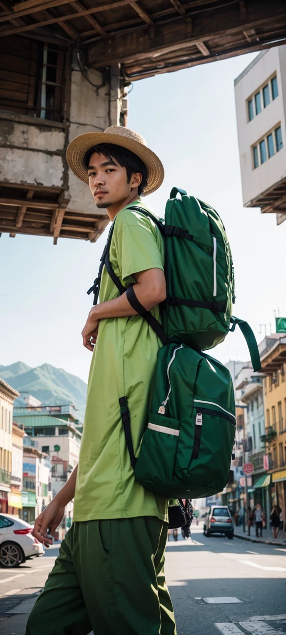 Create an image of a man wearing green clothes and a hat, carrying a backpack, and exploring the world with a sense of freedom and optimism. Surround him with a vibrant and dynamic background, featuring bustling city streets, exotic landscapes, or colorful cultural festivals. Capture the adventurous spirit and open-mindedness of a campaigner type against a backdrop that enhances the excitement and diversity of his travels.