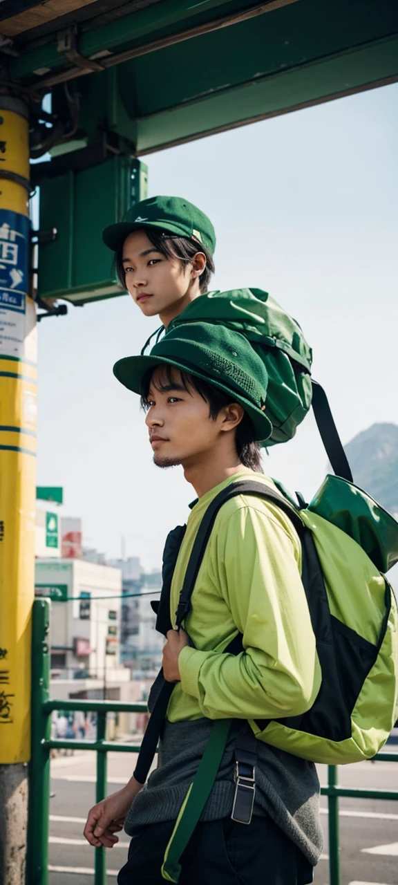 Create an image of a man wearing green clothes and a hat, carrying a backpack, and exploring the world with a sense of freedom and optimism. Surround him with a vibrant and dynamic background, featuring bustling city streets, exotic landscapes, or colorful cultural festivals. Capture the adventurous spirit and open-mindedness of a campaigner type against a backdrop that enhances the excitement and diversity of his travels.