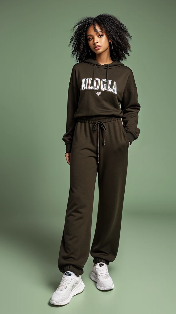 A black woman with a black wavy curly hair with a background neutral, wearing comfy clothes