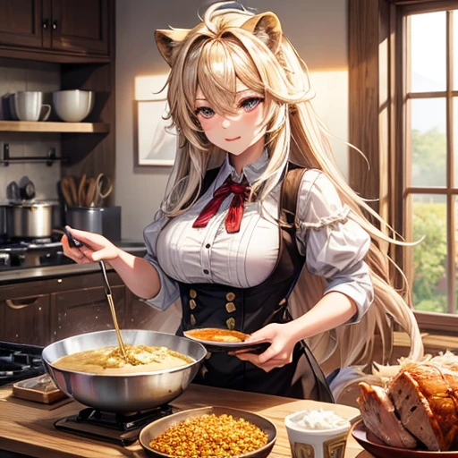 A beautiful lion beast woman is making a bowl of rice topped with pork loin cutlet