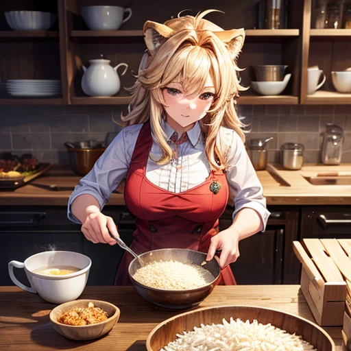 A beautiful lion beast woman is making a bowl of rice topped with pork loin cutlet