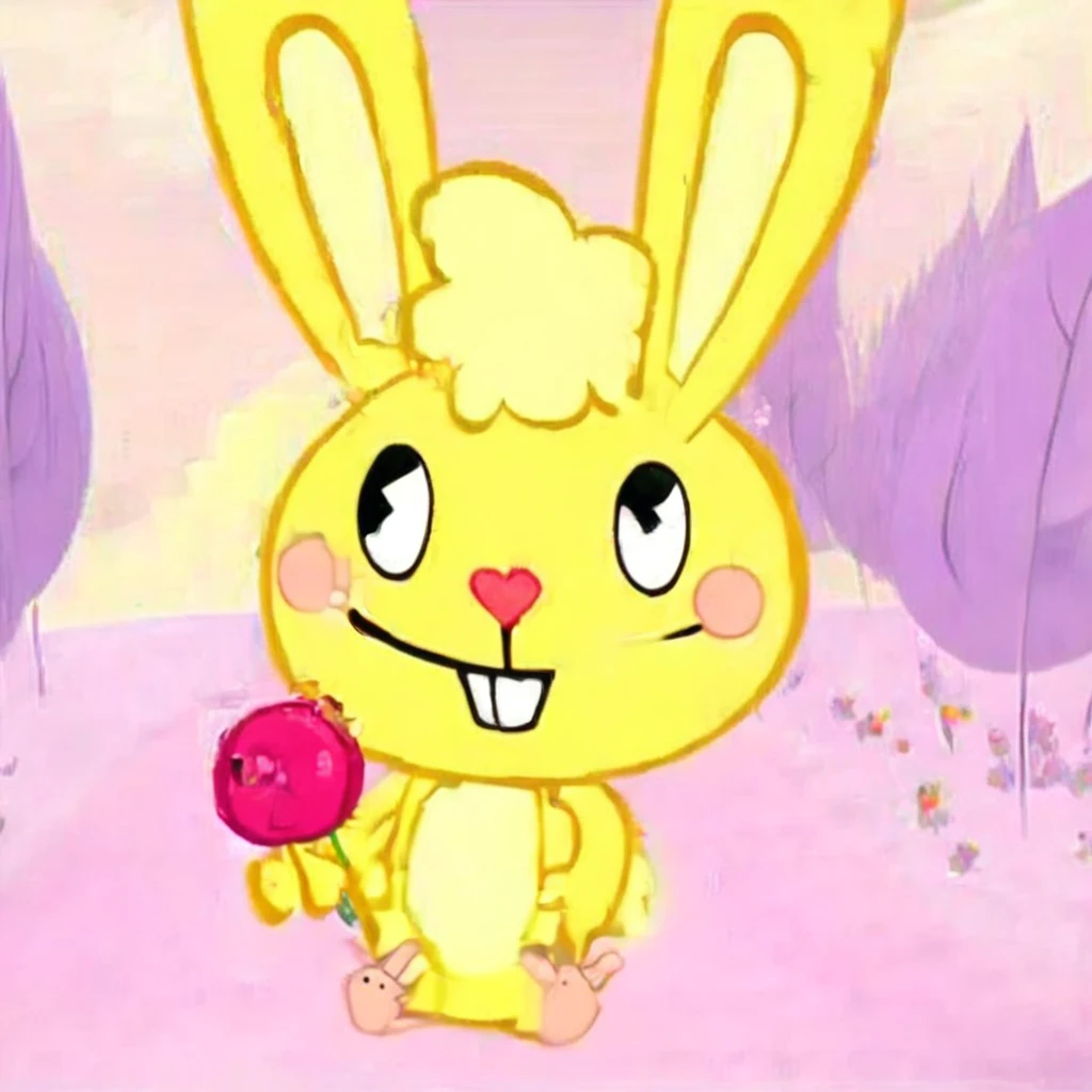 cartoon, a psychopath yellow rabbit with pink sleepers, aims a gun, flowers, cute rainbow