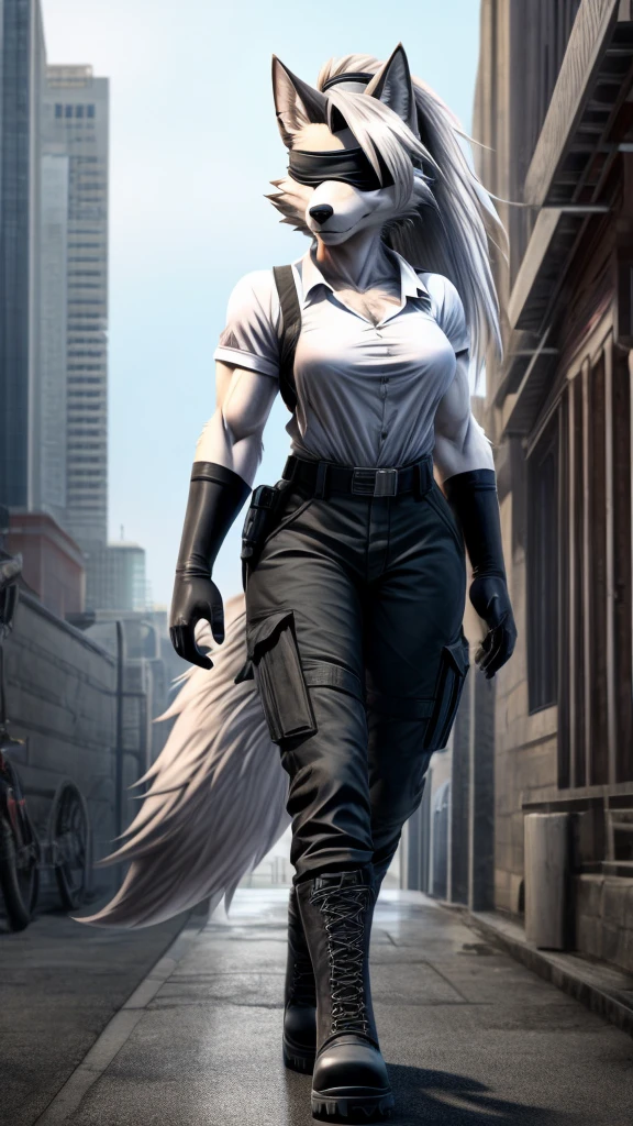Loona from Helluva Boss, female wolf, anthro, mature adult, soft white short hair with ponytail, blindfolded, tall, muscular, white shirt, black cargo pants, black boots, black short tactical gloves, solo, beautiful, high quality, precise, full body, anime style, 4K