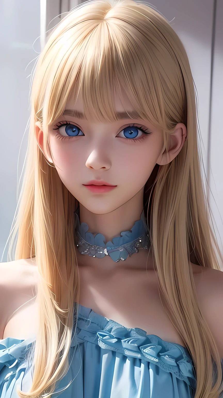 A stunning 14-year-old blonde beauty , Frilled Summer Dress,  Scandinavian blonde super beautiful girl, Standing, Raking up bangs、 Strange bangs between the eyes、Super long straight platinum blonde hair、Low contrast, (A shy smile:0.8), Highest quality, Ultra-high resolution, Realistic photos, Very detailed, 8k, Raw photo, Perfect Anatomy、Very beautiful, bright, big, light blue eyes、Cheek gloss highlighter、Very big eyes、Small Face Beauty