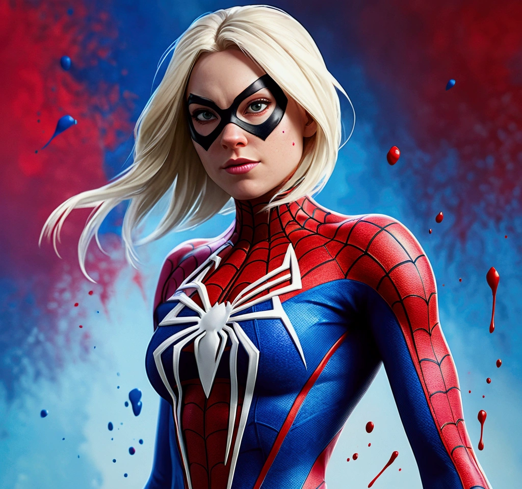 A realistic, hyperrealistic Spidergwen with athletic muscle, textured saturated red and blue trage, in the style of watercolor paint splats, (best quality,4k,8k,highres,masterpiece:1.2),ultra-detailed,(realistic,photorealistic,photo-realistic:1.37),professional,vivid colors,bokeh