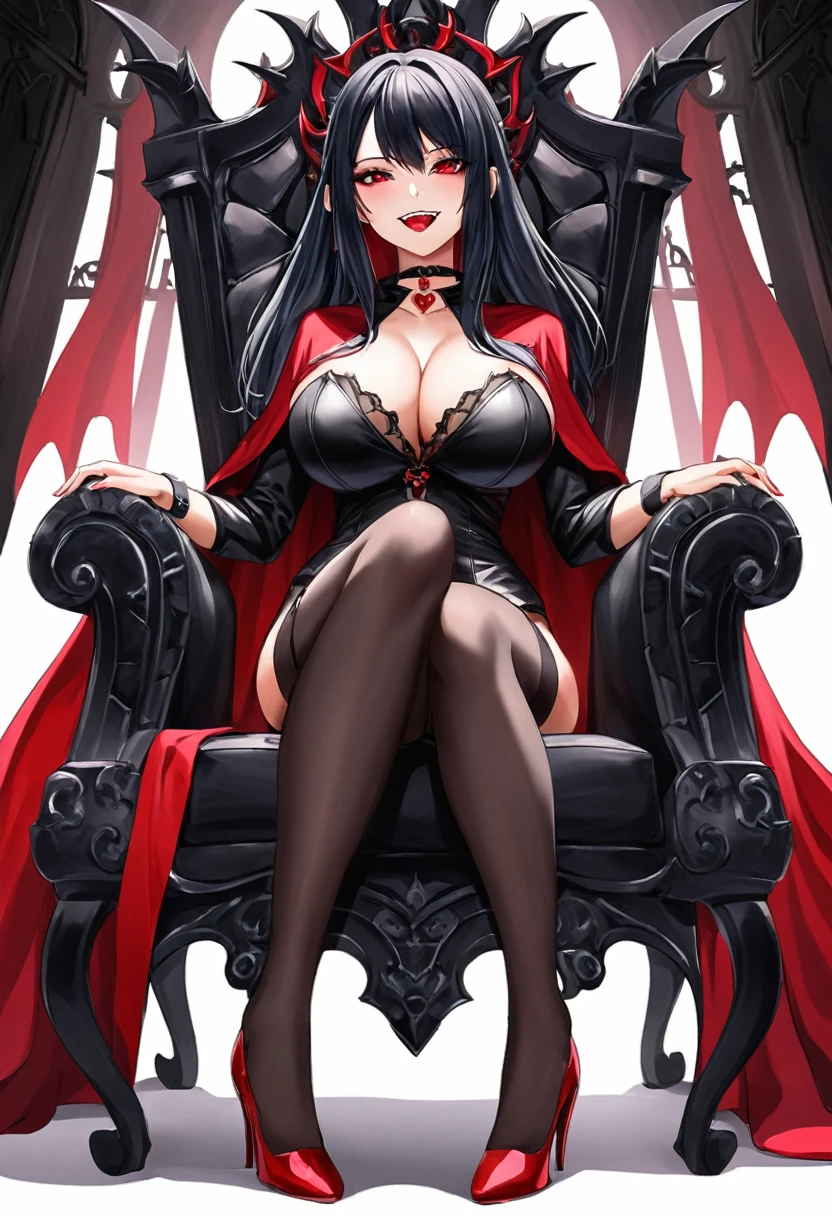 Sexy asian woman, big breasts , vampire cosplay, leather, black and red cape, choker, vampire teeth, sitting in a gothic throne, legs crossed, high heels, seductive portrait 