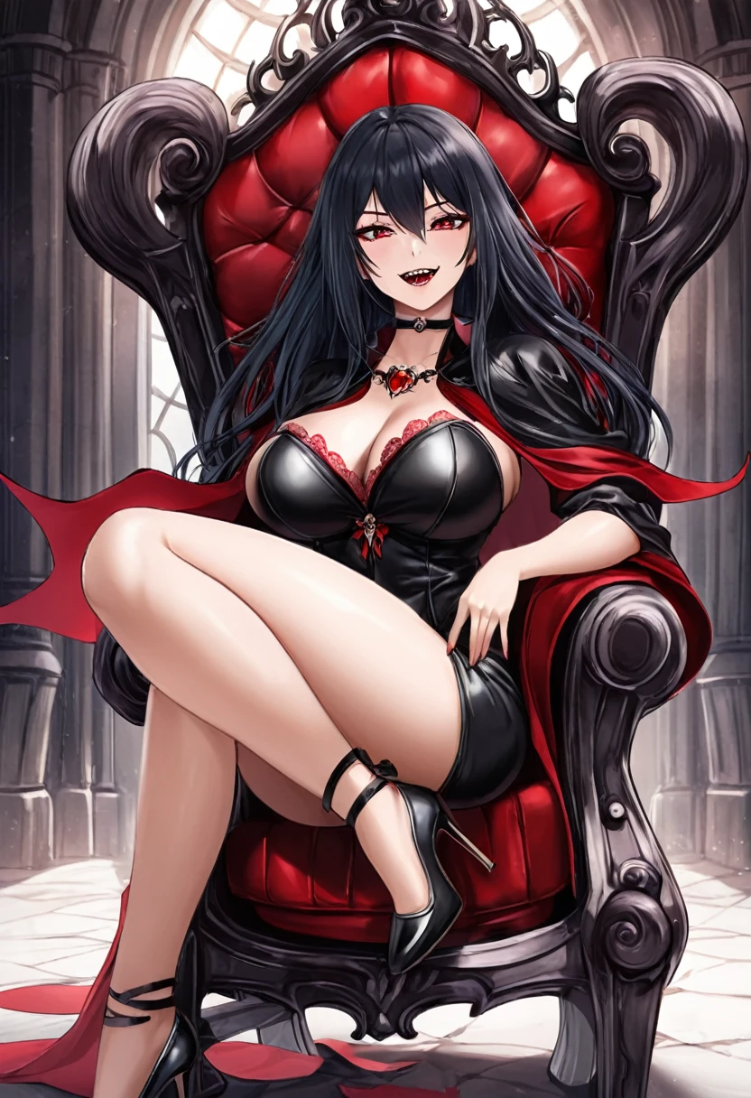 Sexy asian woman, big breasts , vampire cosplay, leather, black and red cape, choker, vampire teeth, sitting in a gothic throne, legs crossed, high heels, seductive portrait 