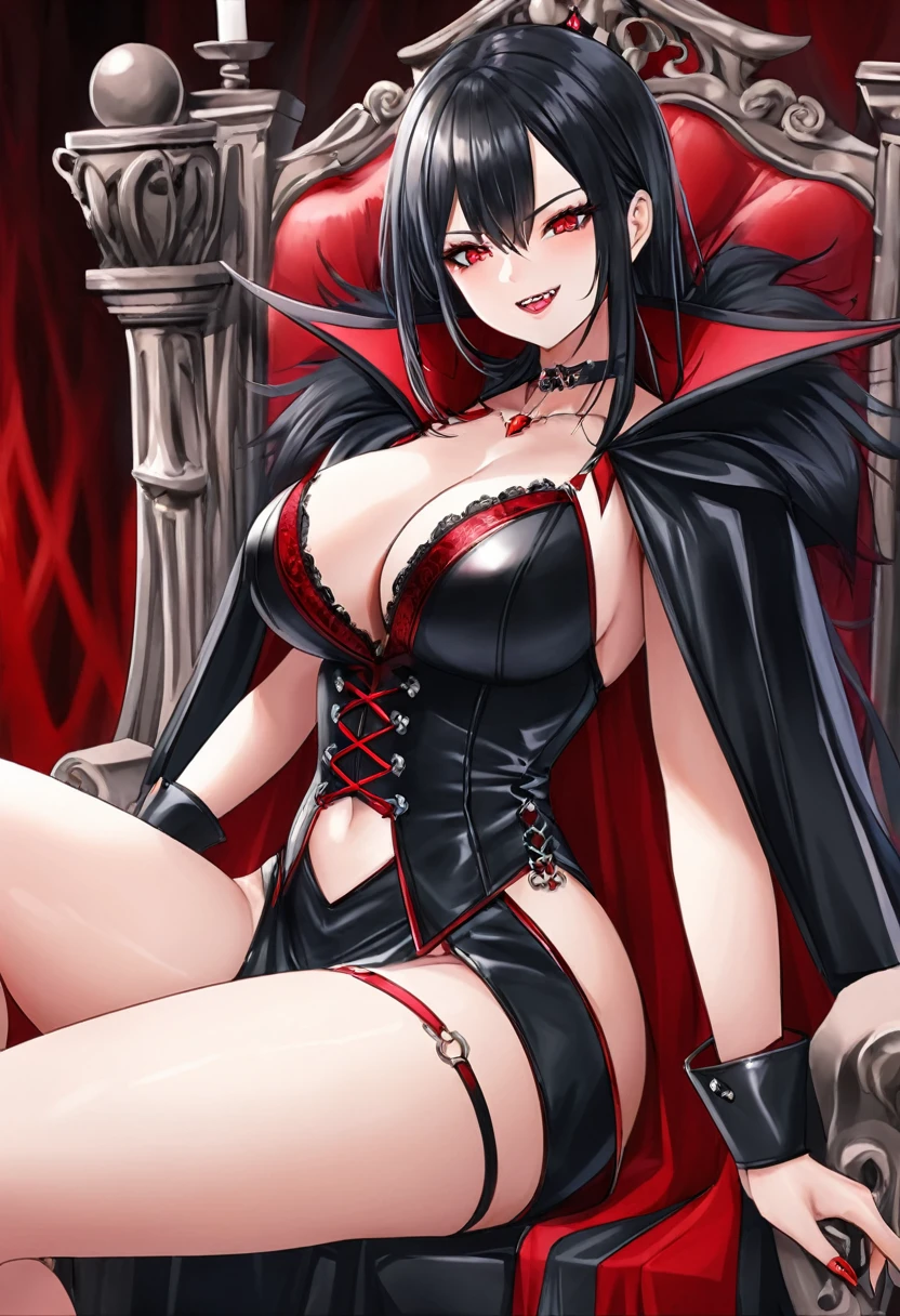 Sexy asian woman, big breasts , vampire cosplay, leather, black and red cape, choker, vampire teeth, sitting in a gothic throne, legs crossed, high heels, seductive portrait 