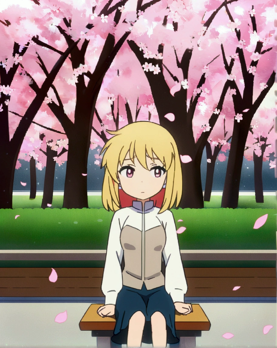 Serene park with cherry blossom trees in full bloom, petals gently falling, anime-style. A thoughtful anime character sits on a bench, looking slightly anxious, high quality, 8k