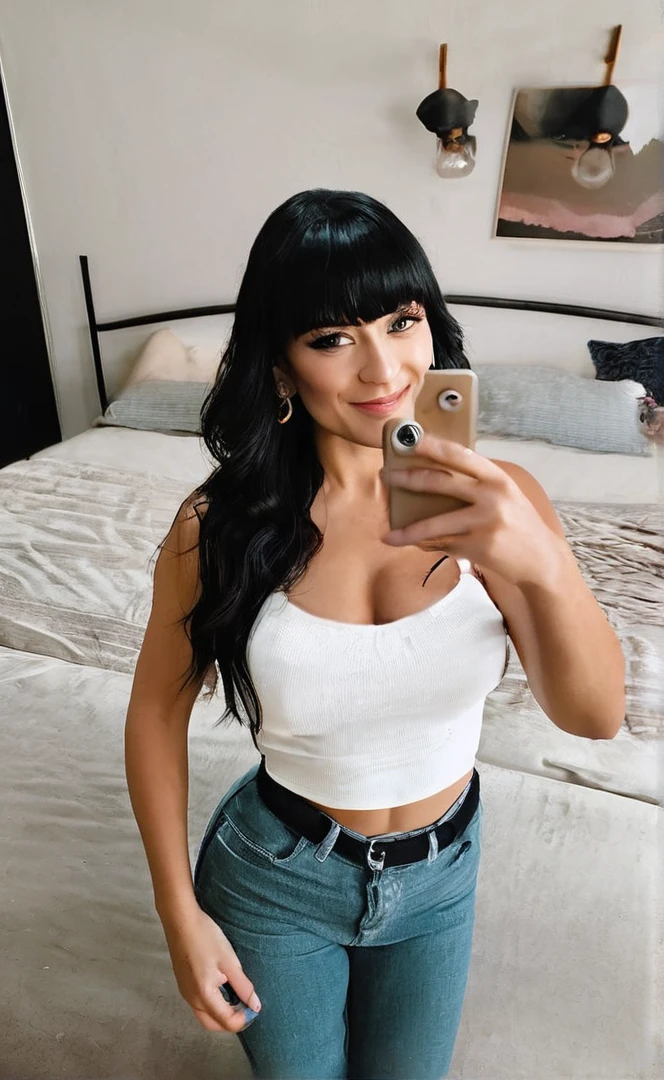 Woman taking a selfie in a bedroom with a bed and a black wardrobe., her navel is exposed, hands behind his body pose!, she has black hair with bangs, she has a round belly, fat and wavy, Thick, revealing outfit, hands behind his pose!, revealing outfit, 30 year old woman., lorena avarez
