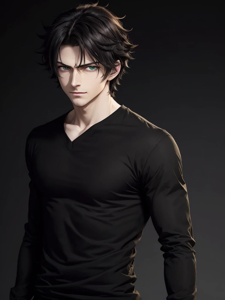 (best quality), 1boy, male, pale skin, black hair, medium hair, curtain hair, tousled hair, green eyes, perfect eyes, dark circles under eyes, tall, slender, handsome, strong jawline, lazy, light smile, attractive, basic black long sleeve v neck shirt, Tomura Shigaraki, masterpiece, anatomically correct, highres
