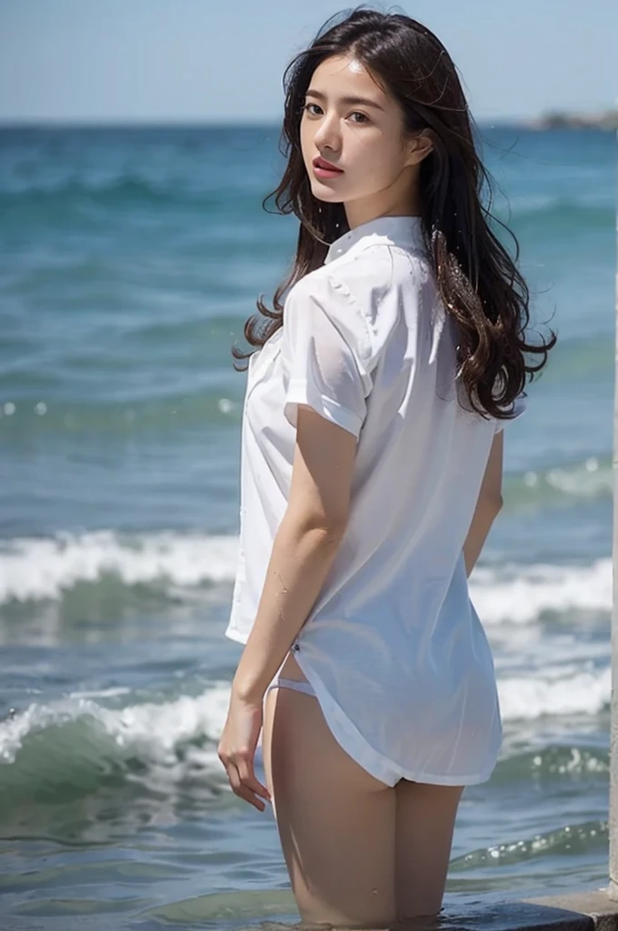 (Gray background、pubic hair、Large Breasts、Thighs、(((Glaring)))、Curly Hair、Disheveled Hair、Cute woman、high school girl、White shirt、Navy frill mile、Open chest shirt、A wet shirt with underwear showing through、Wet Hair、Gazing at the sea、Watching from behind、