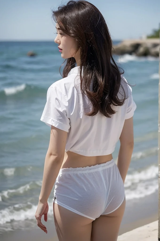 (Gray background、pubic hair、Large Breasts、Thighs、(((Glaring)))、Curly Hair、Disheveled Hair、Cute woman、high school girl、White shirt、Navy frill mile、Open chest shirt、A wet shirt with underwear showing through、Wet Hair、Gazing at the sea、Watching from behind、
